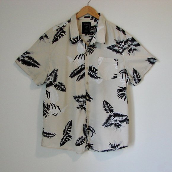 Guess Shirt Tan Black Hawaiian Palm Leaf Slim Fit Shirt Button Front Size XXL - Picture 1 of 13